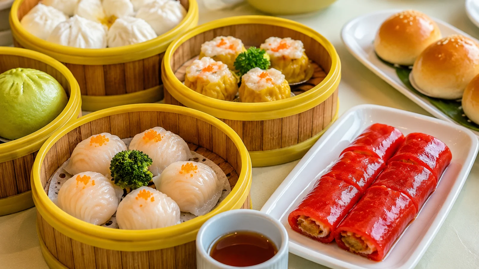 Friends sharing dim sum and Cantonese dishes at a busy Guangzhou restaurant