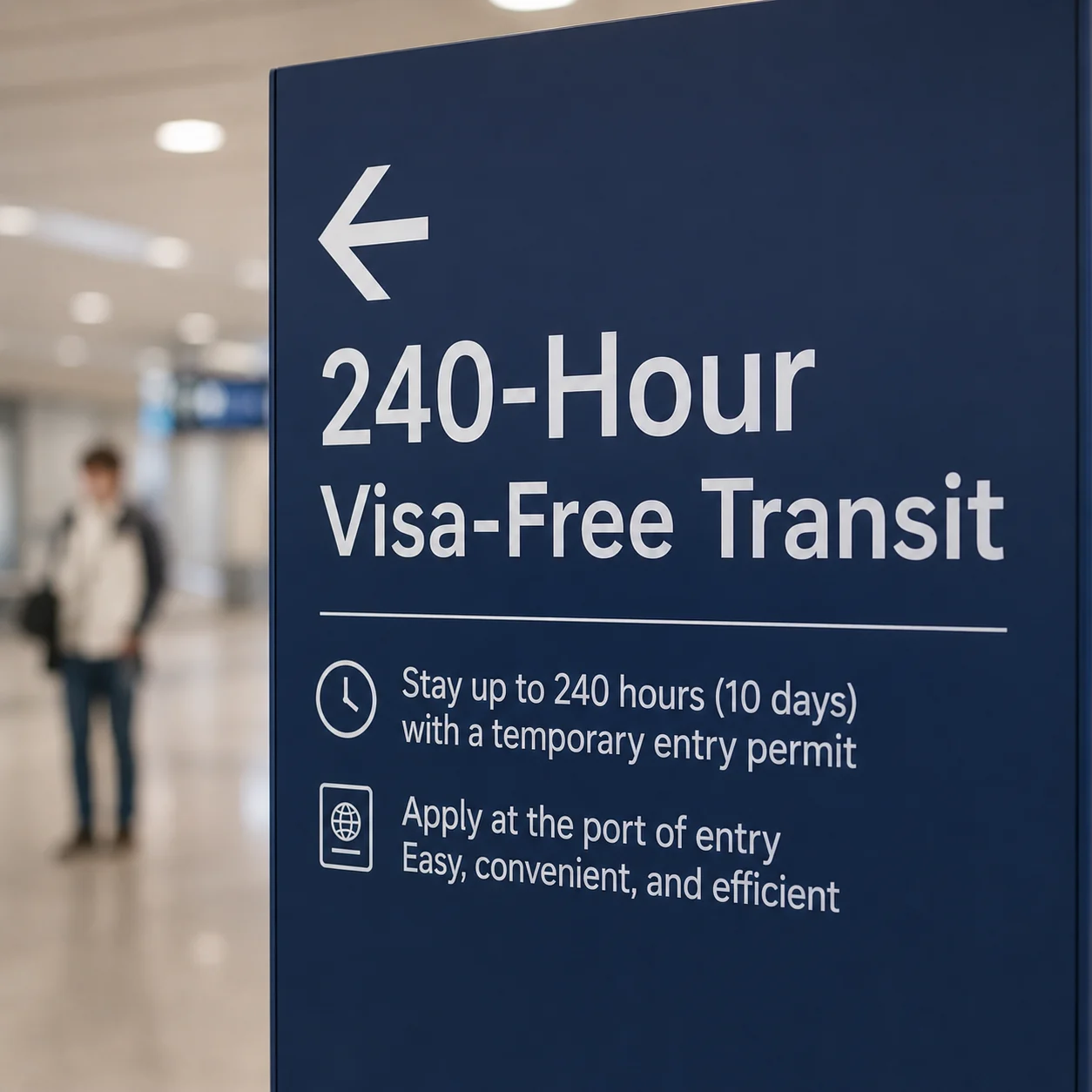 Podcast cover showing a traveler at a China airport checking visa-free entry and transit rules.