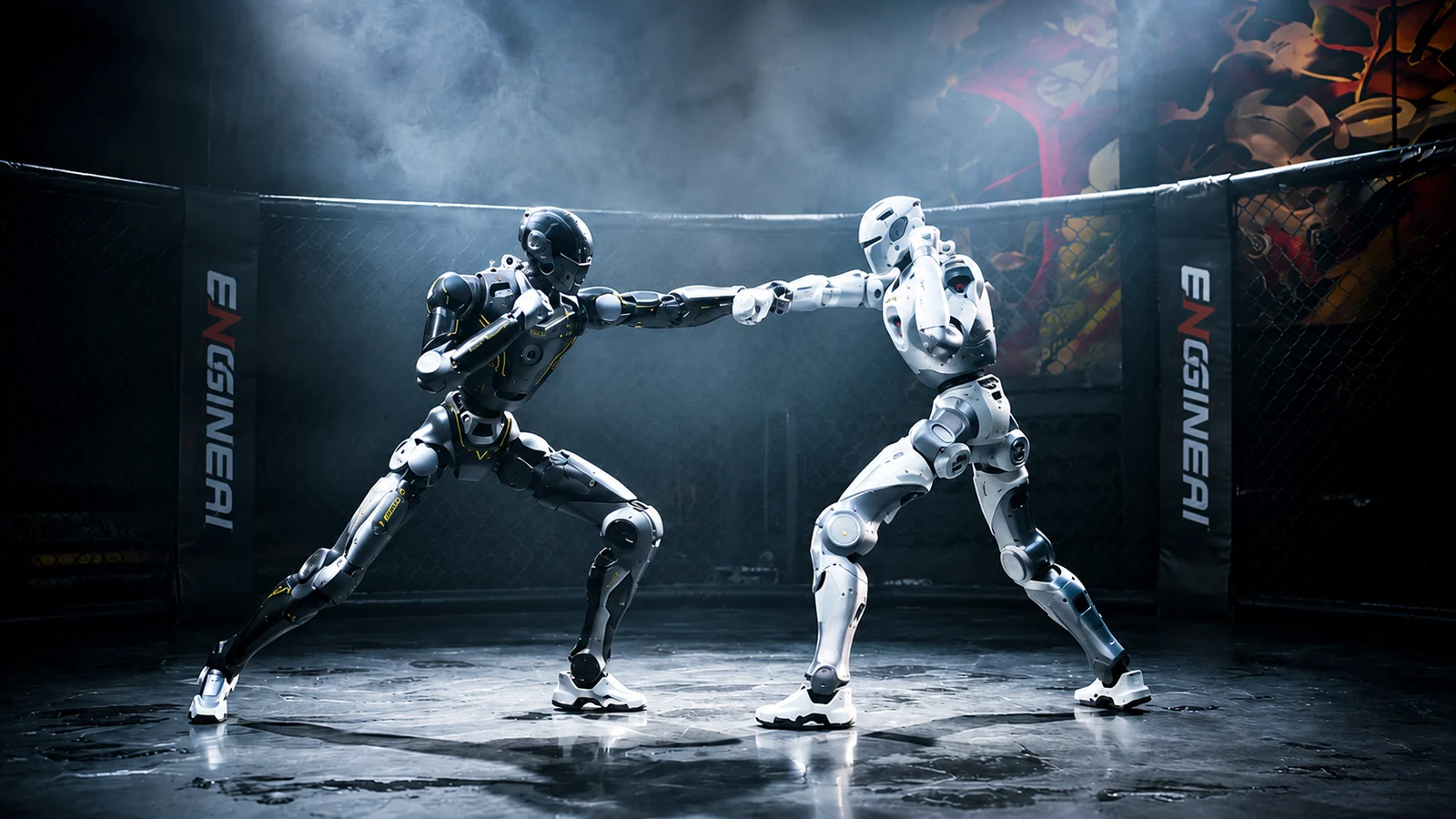 Two full-size humanoid robots fighting in an octagonal URKL arena in Shenzhen