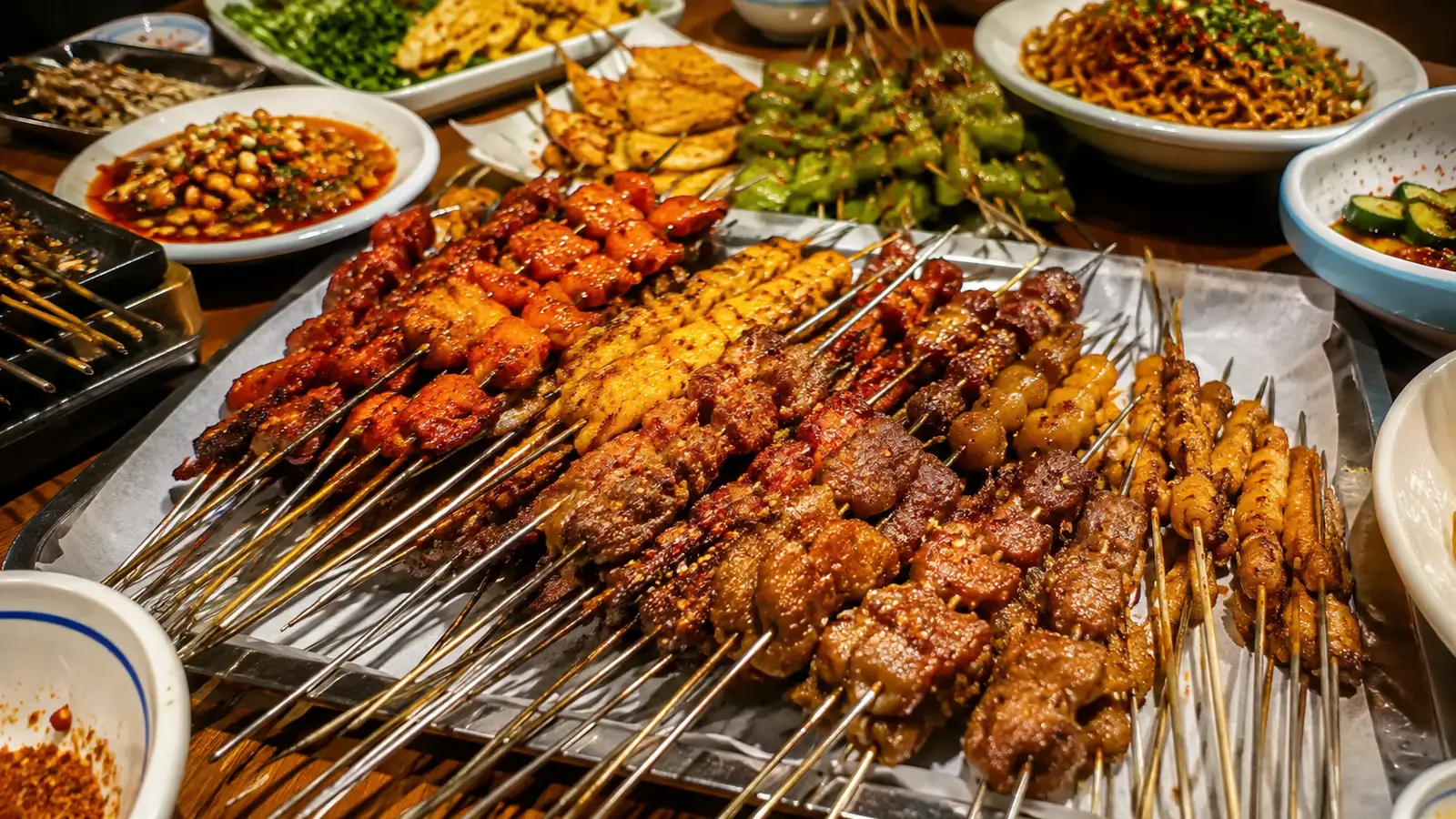 Friends eating grilled skewers and oysters at a lively Chinese barbecue stall late at night