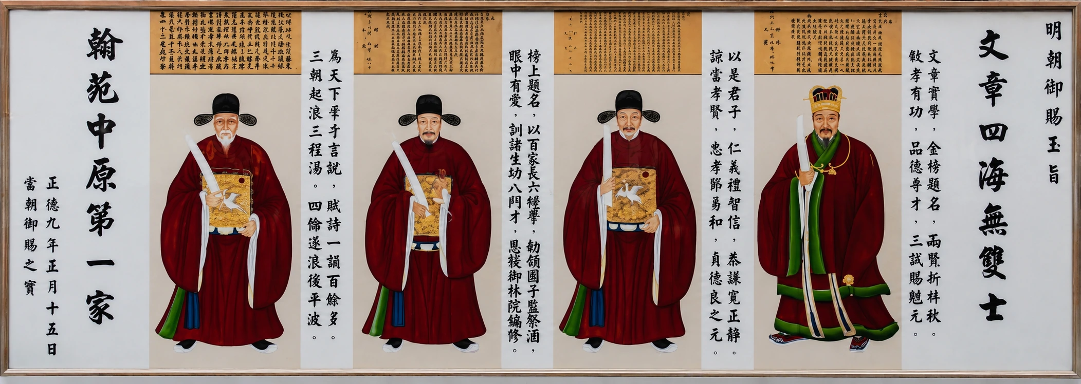 A mural of three scholar officials in a hall