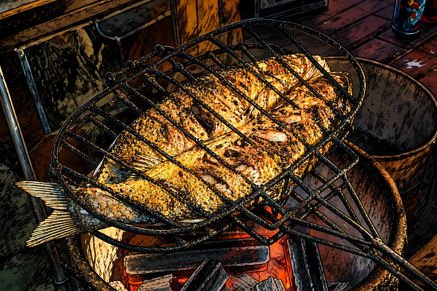 Authentic charcoal-grilled fish