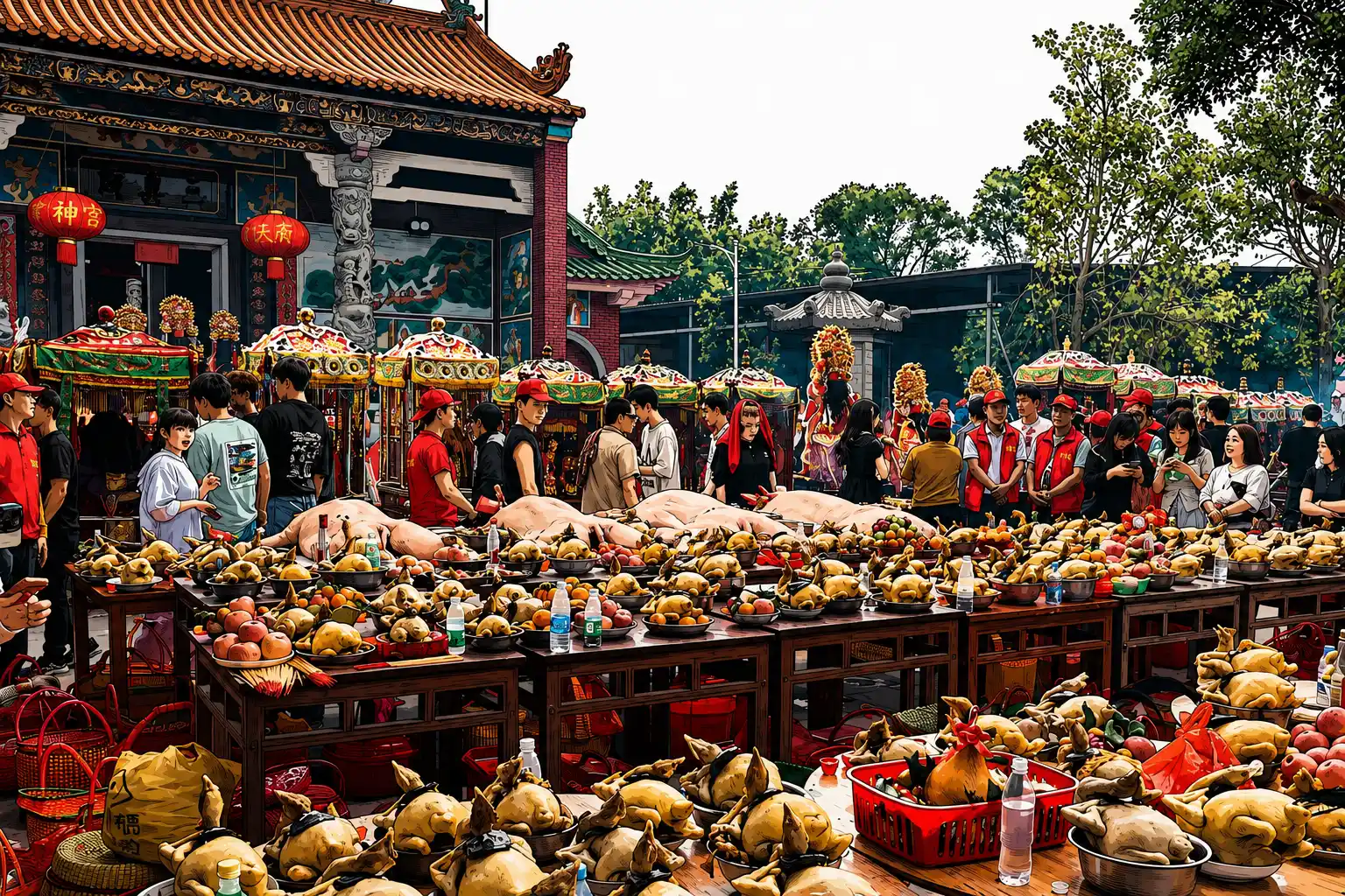 A whole white-cut chicken arranged as a festive altar offering