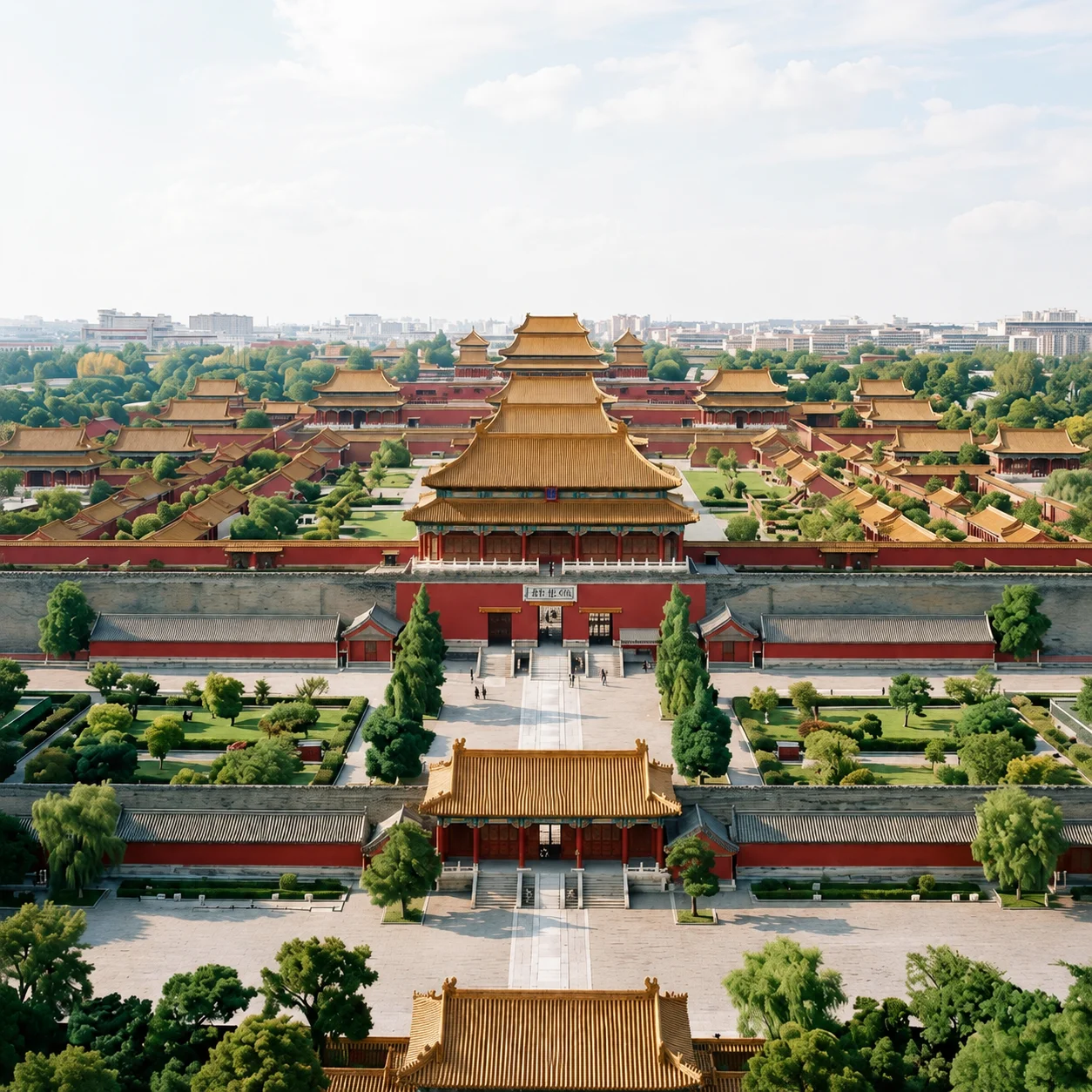 The Forbidden City in Beijing with yellow roofs and red walls