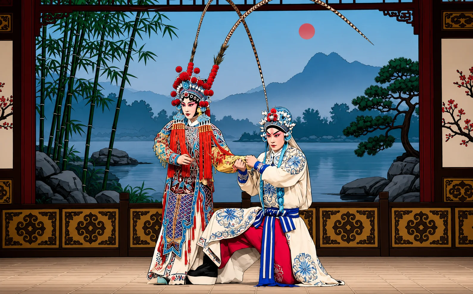 A Peking Opera performer backstage beside costumes and painted masks