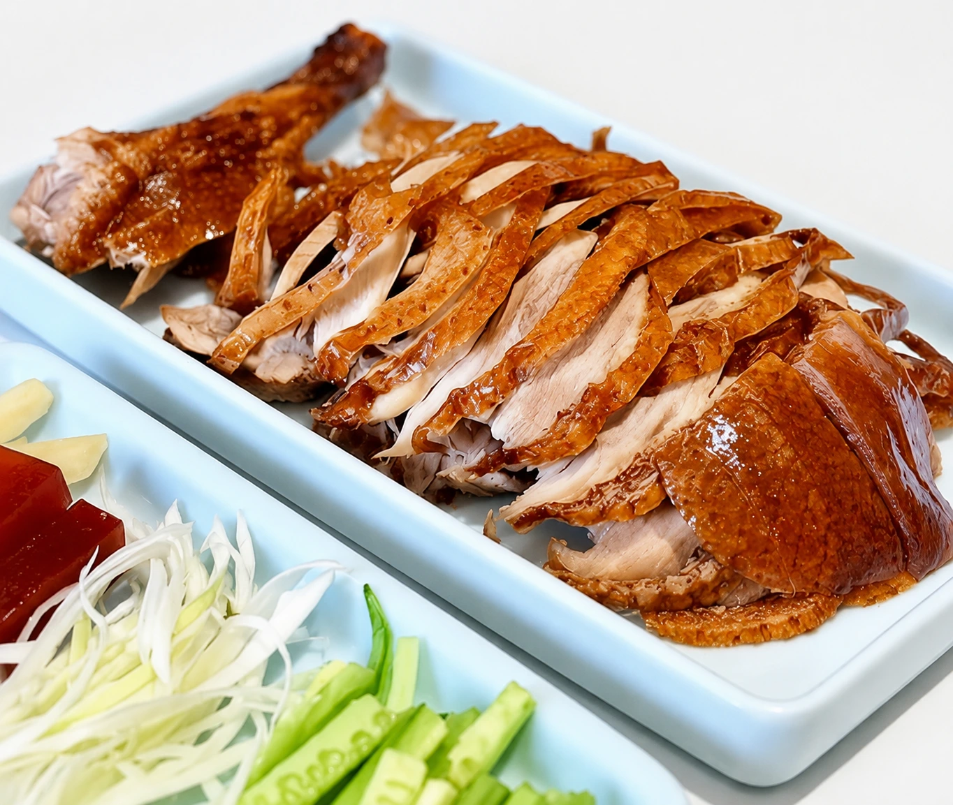 A Beijing roast duck being sliced beside thin pancakes and scallions