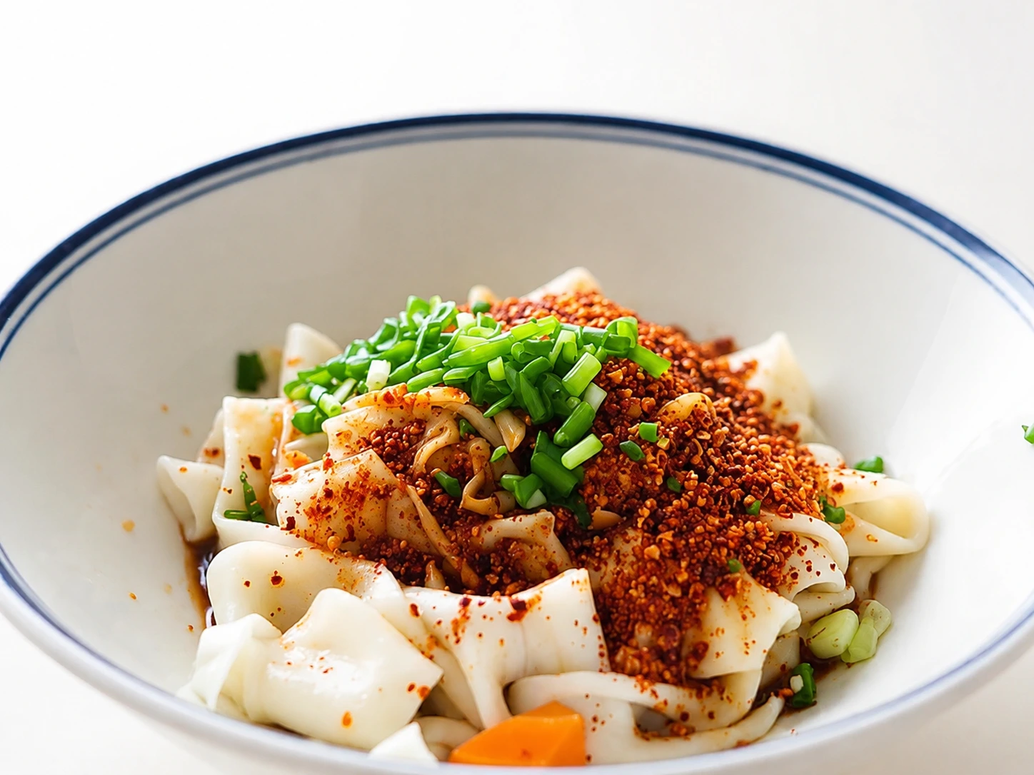 Wide hand-pulled biangbiang noodles topped with vibrant red chili oil, minced garlic, and scallions
