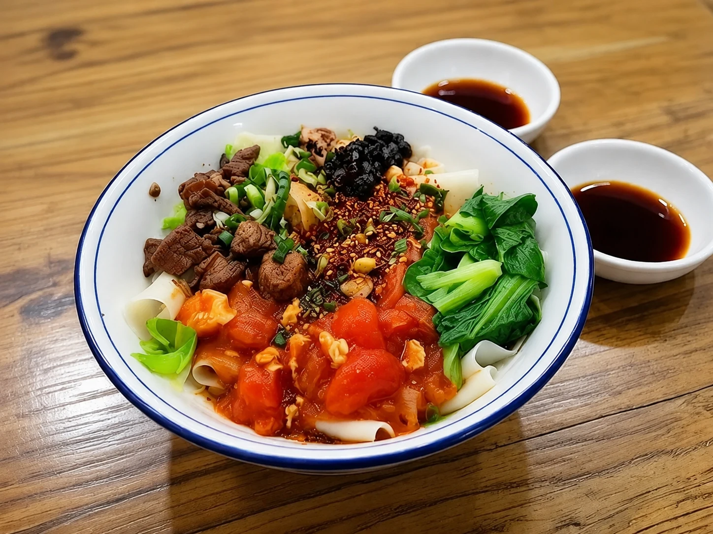 A bowl of wide noodles topped with stir-fried tomato and egg alongside braised meat chunks