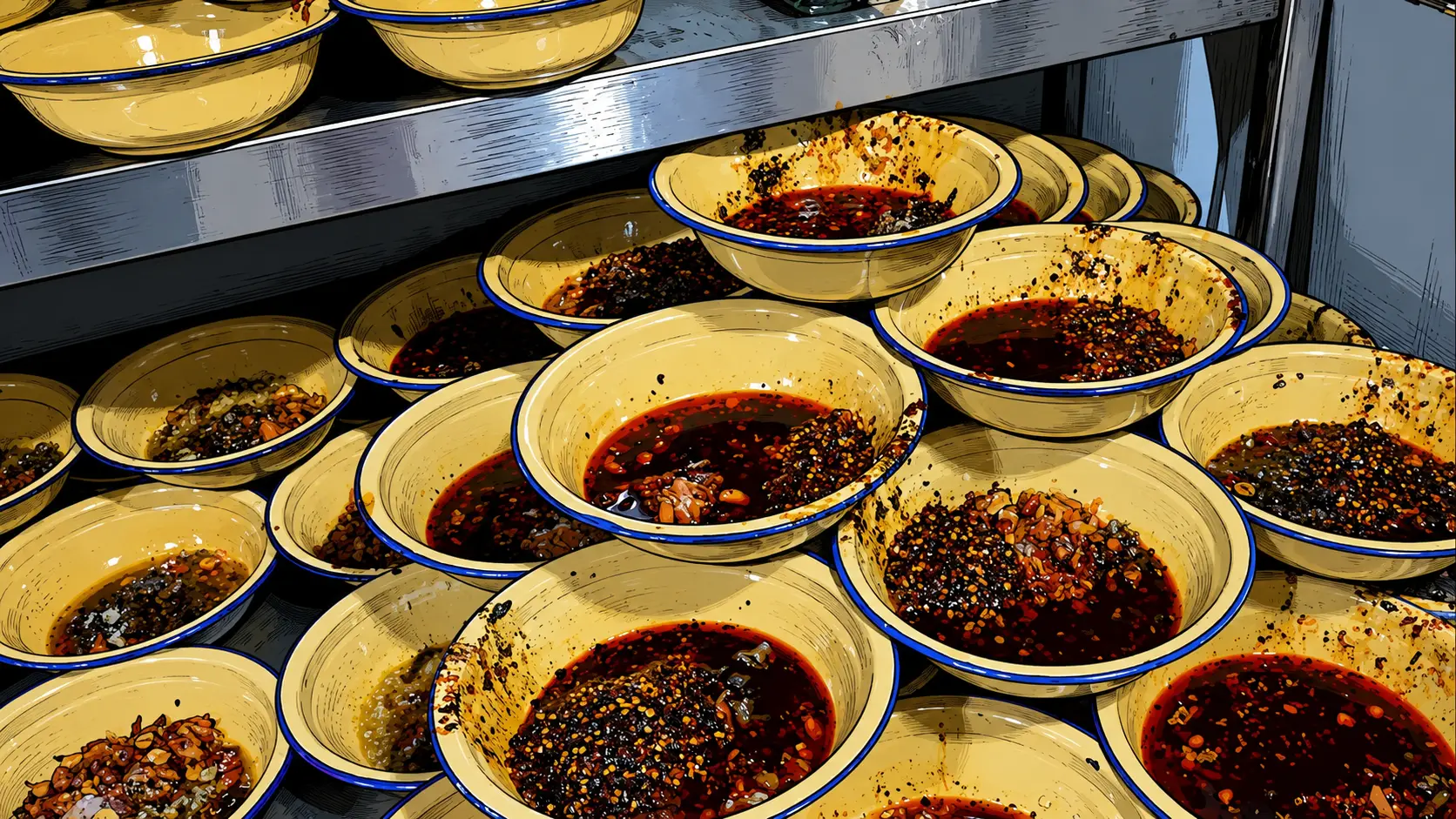 Neatly lined up noodle bowls filled with seasonings in advance.