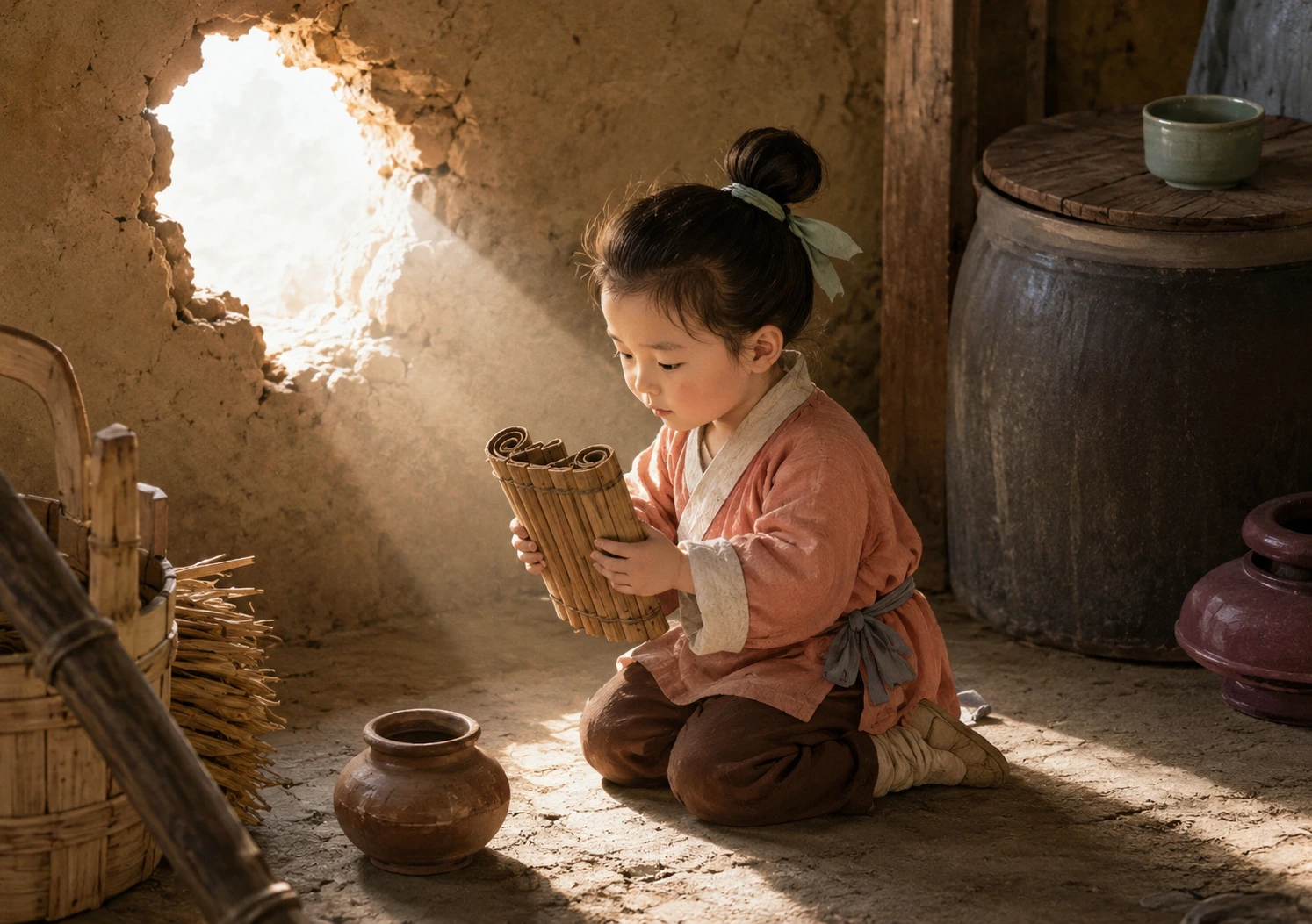A boy reading by light shining through a hole in the wall