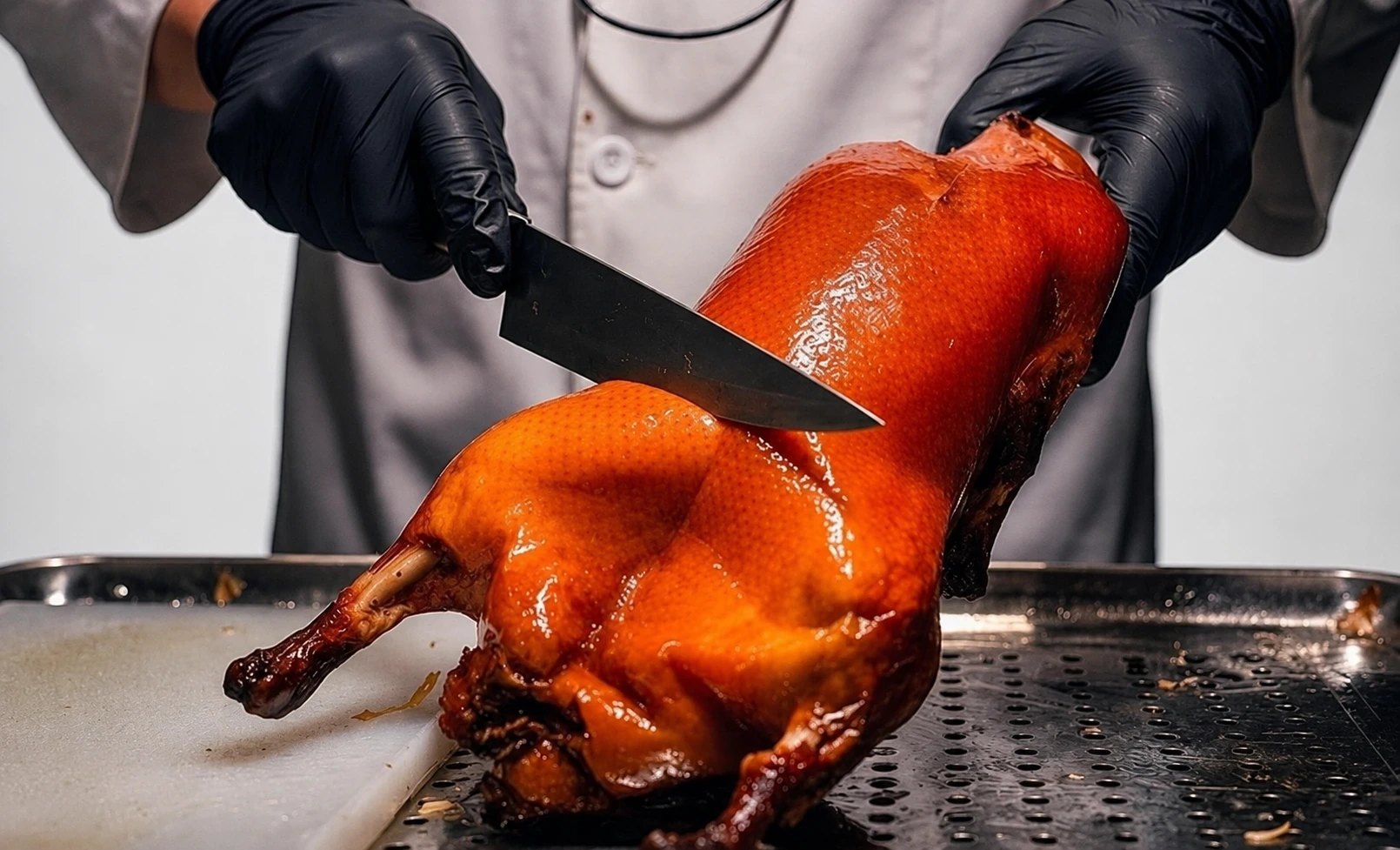 A chef in uniform slicing roast duck with a long blade at the dining table