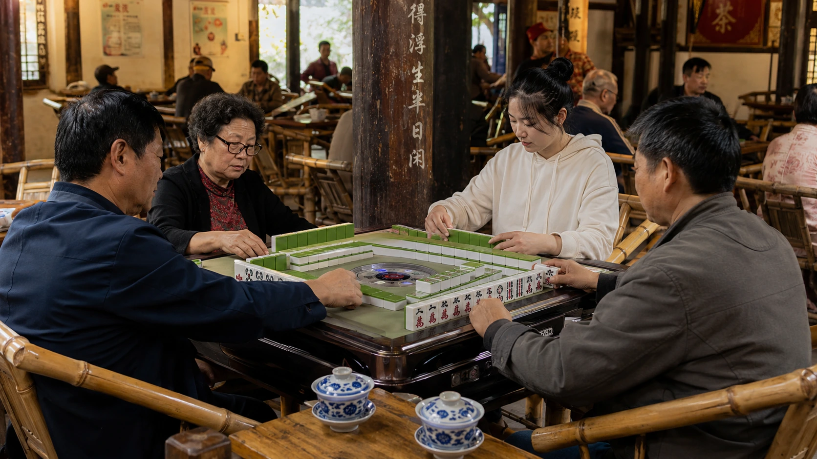 Four people playing mahjong around an automatic table beside covered tea bowls in a Chengdu teahouse