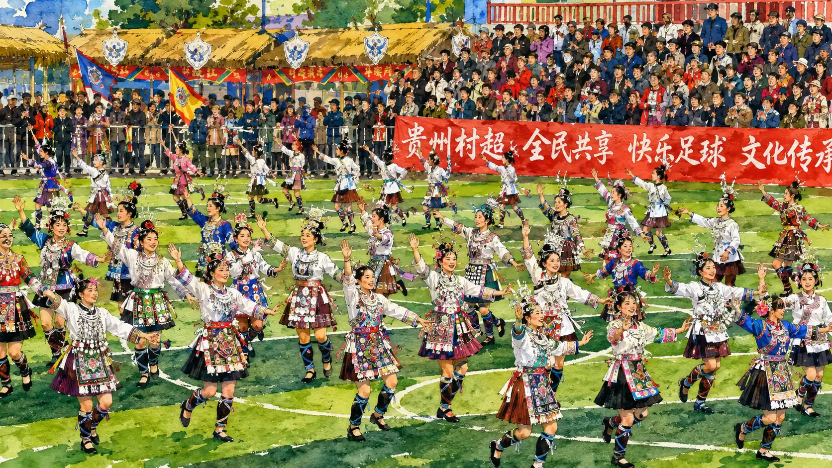 A night football match in Rongjiang Guizhou with village players under floodlights and a crowded local stadium