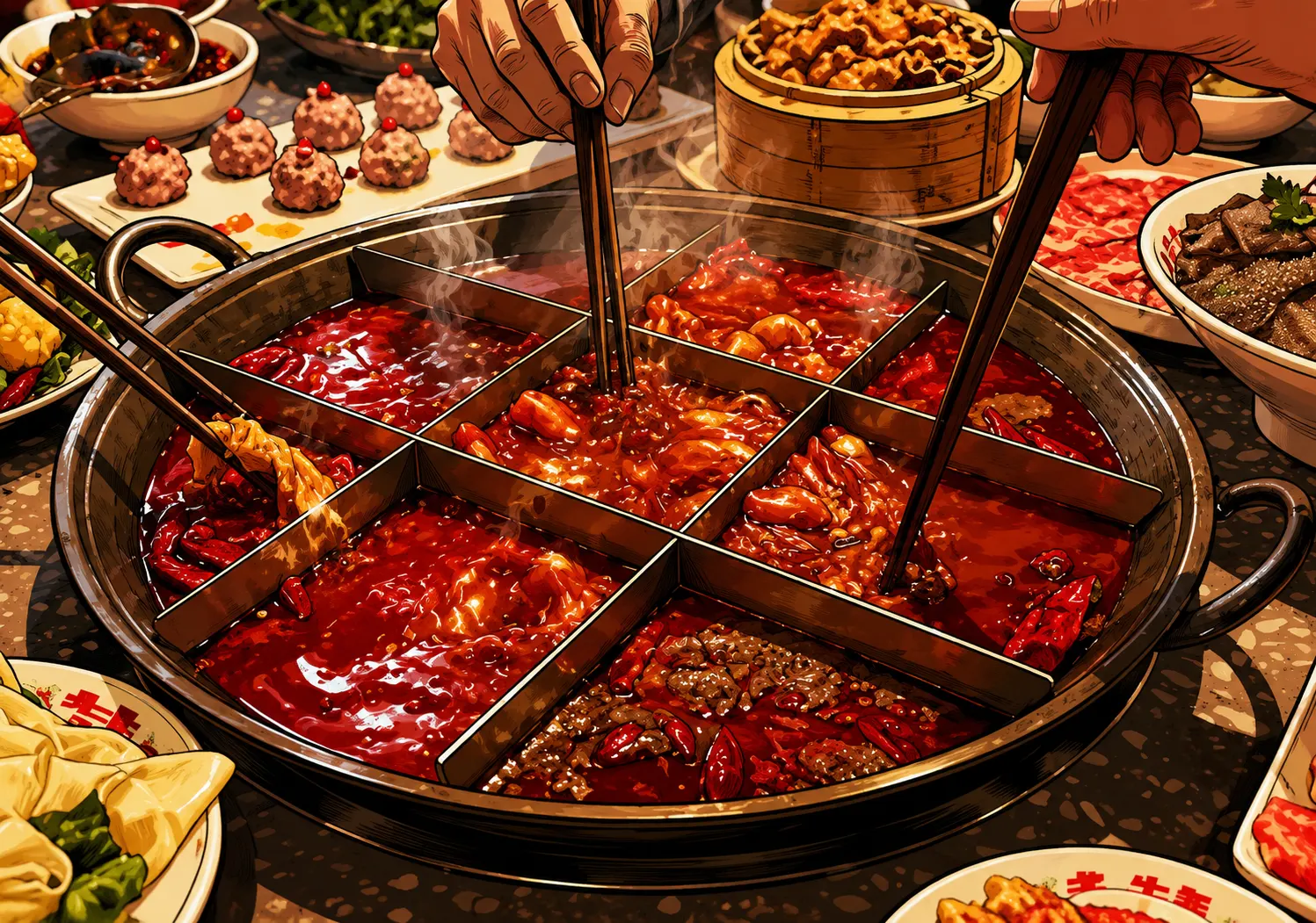 A steaming Chongqing hotpot table at night, red oil glistening under warm lights
