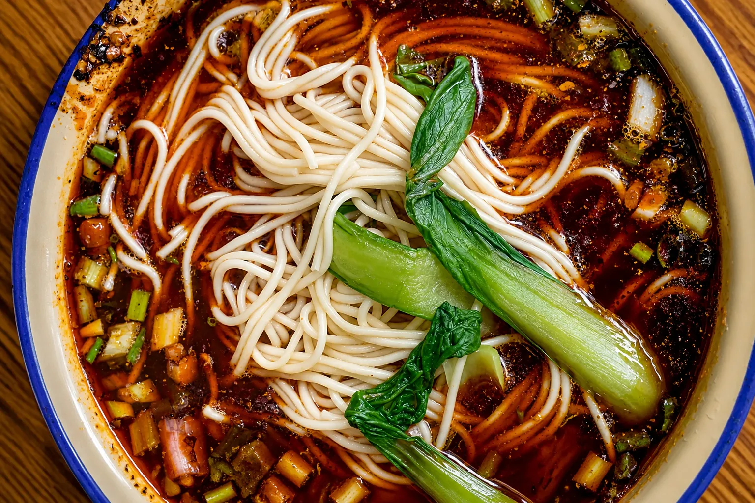 A bowl of red-oil xiaomian sits on a plastic stool at a Chongqing street noodle shop, chopsticks lifting noodles coated in sauce
