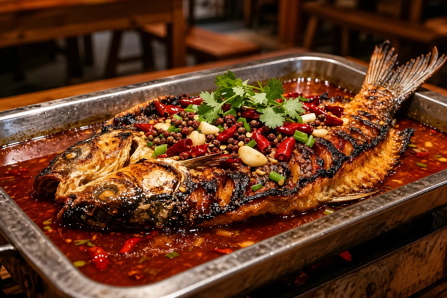 Wanzhou riverside night market, charcoal grill sizzling with grilled fish, surrounded by diners