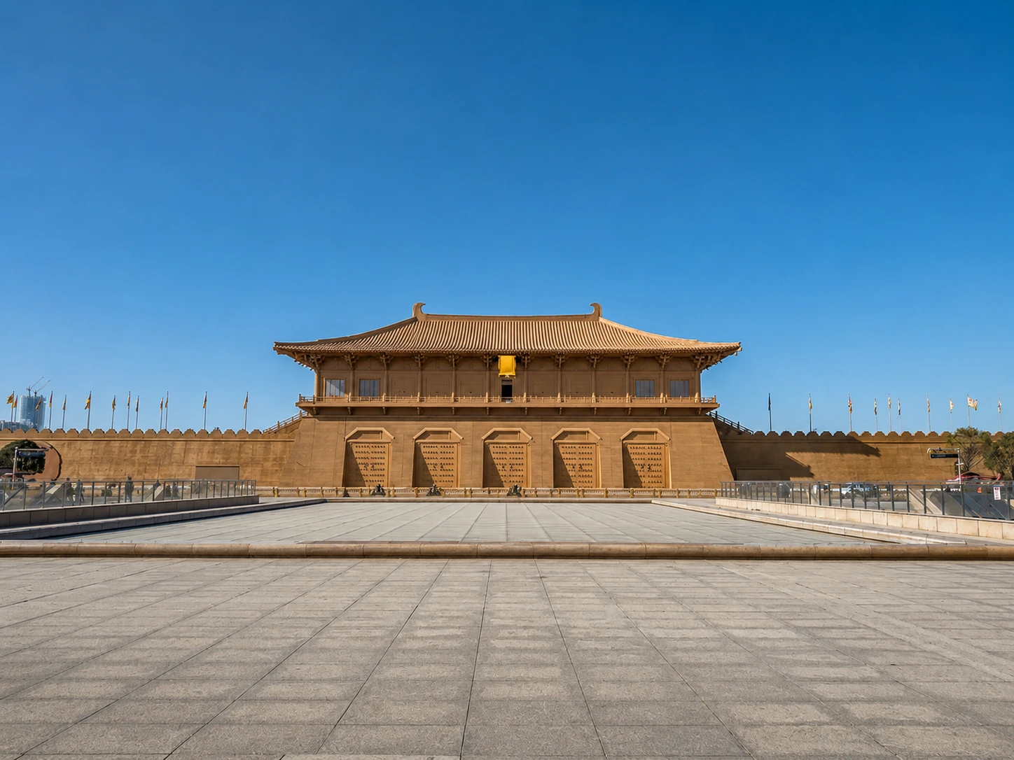 A modern promotional display showing the reconstructed Daming Palace Danfeng Gate in Xi'an