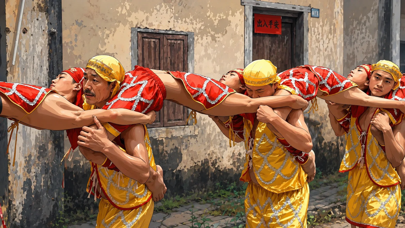 Human dragon formation moving in unison