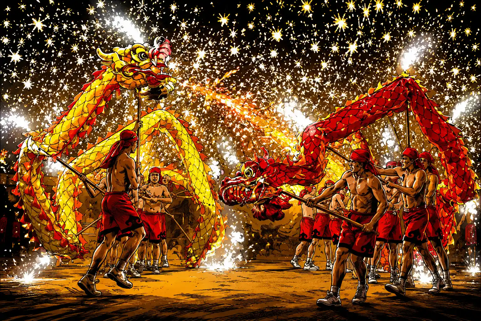 Dragon dancing amid iron tree silver blossoms