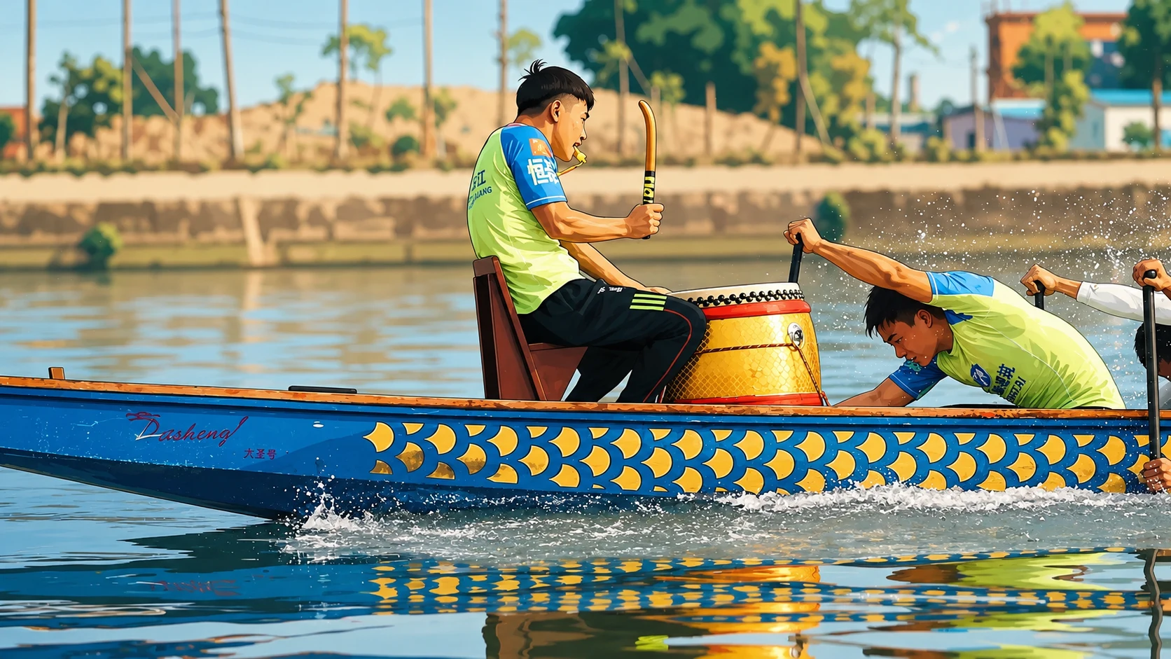 Drummer beats a drum at the bow for the crew