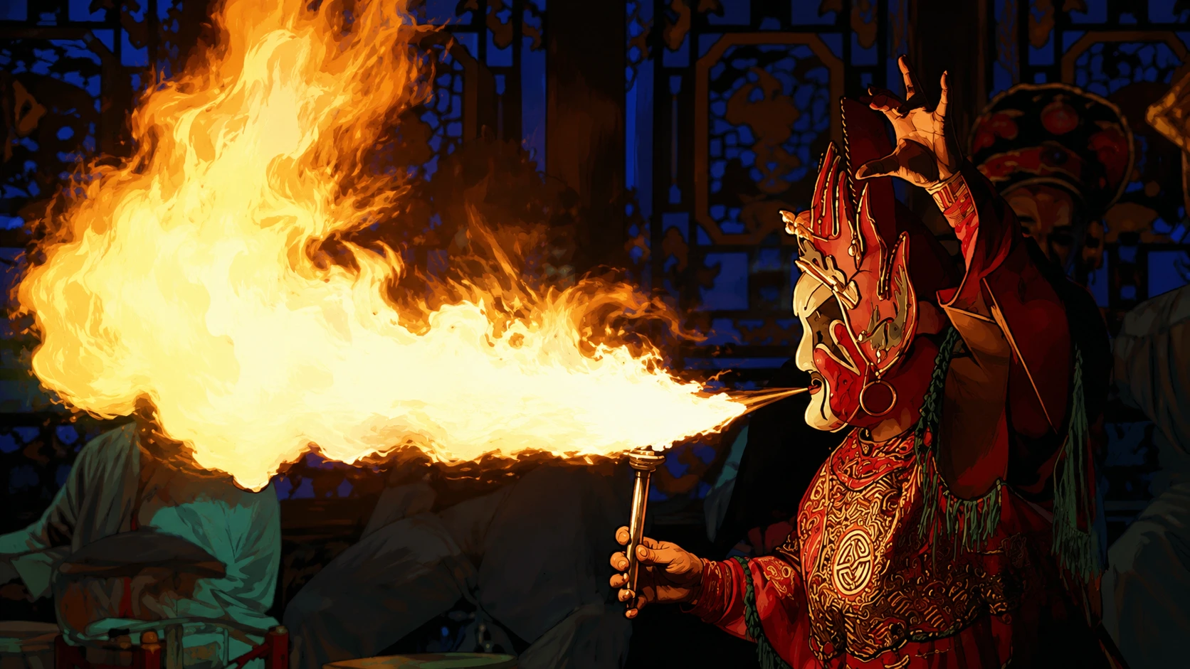 A Sichuan opera performer breathing a large plume of fire during a live stage act