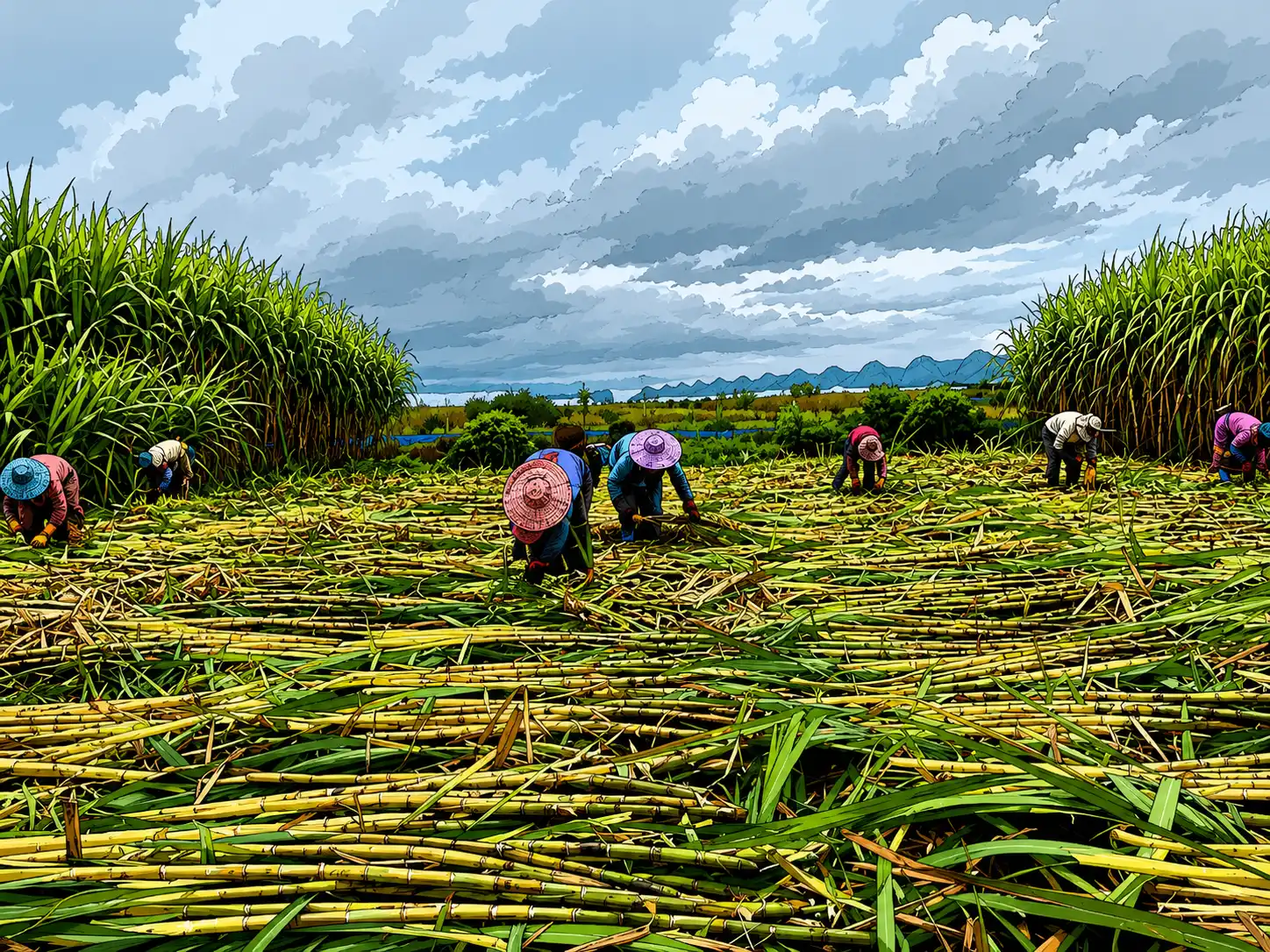 Farmers cutting sugarcane stalks in a field