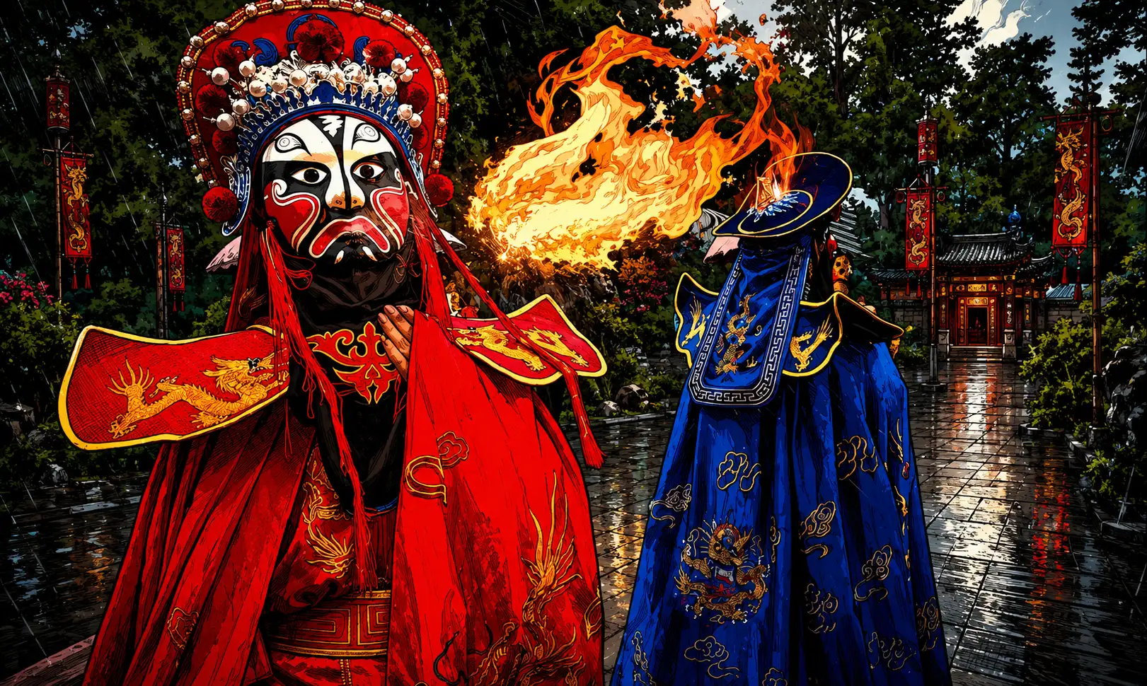 Performers in ghost and deity masks parade through the streets of the Fengdu temple fair, surrounded by crowds