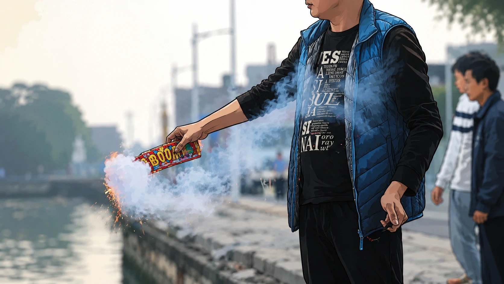 Firecrackers explode in red smoke before the race