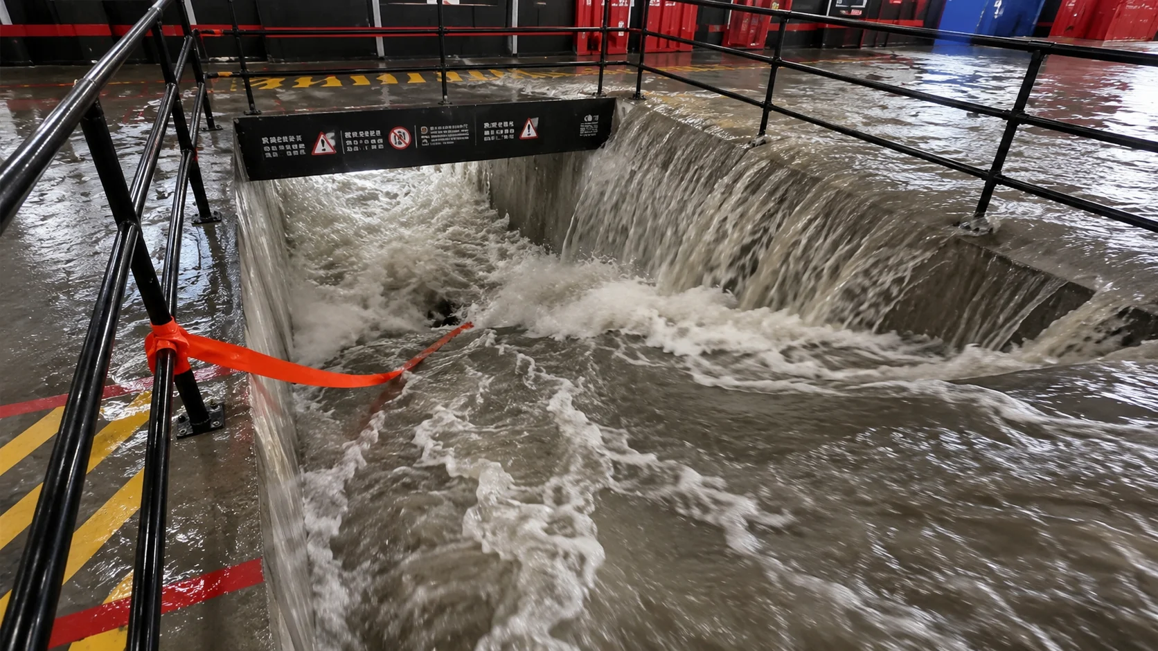 A simulation shows floodwater surging into a flooded underground street