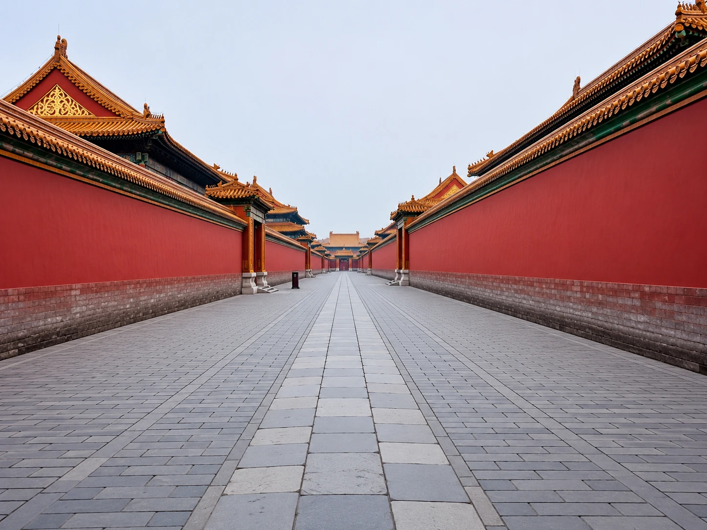 A long corridor of deep red palace walls and stone paving inside the Forbidden City
