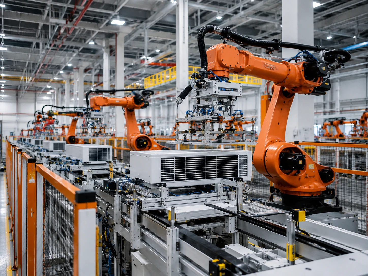 A robotic arm assembles an air conditioner on a dimly lit production line, sparks flashing against the dark