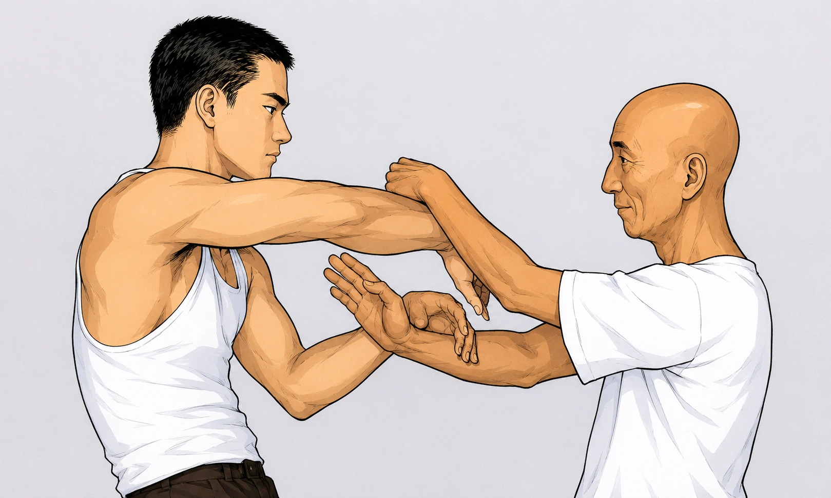 Bruce Lee and Ip Man face each other in a Wing Chun chi sao drill, forearms pressed together in a Hong Kong training hall
