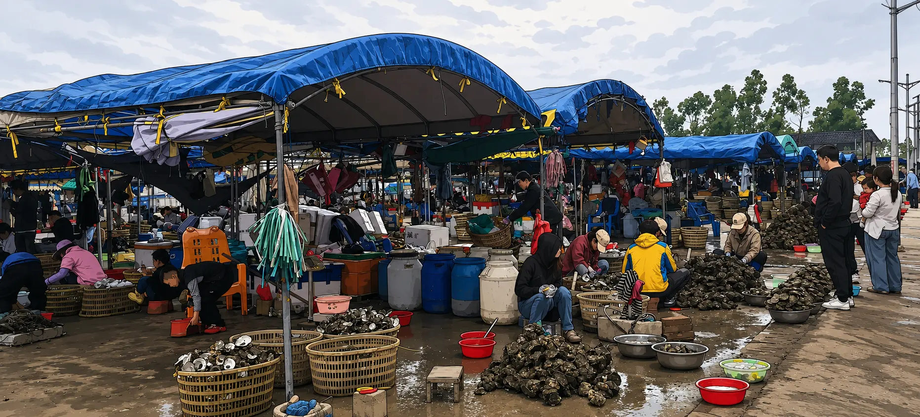 A market stall piled with fresh oysters on ice