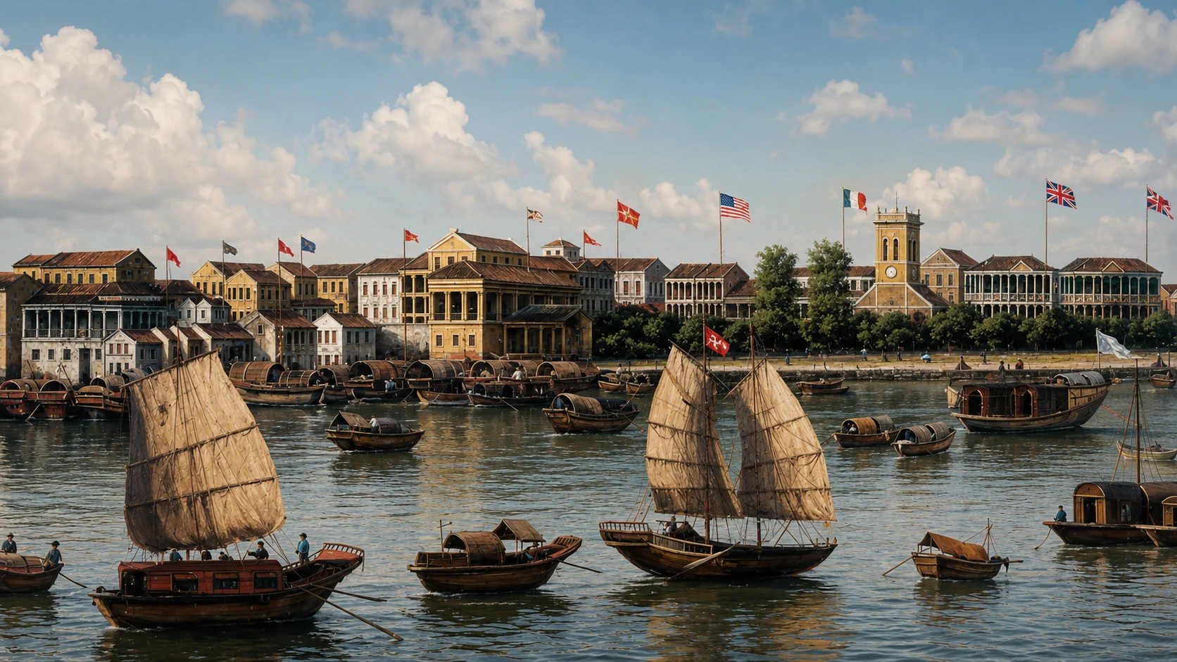 An 18th-century export painting depicts a row of flag-bearing Western merchant houses lining the Pearl River in Guangzhou