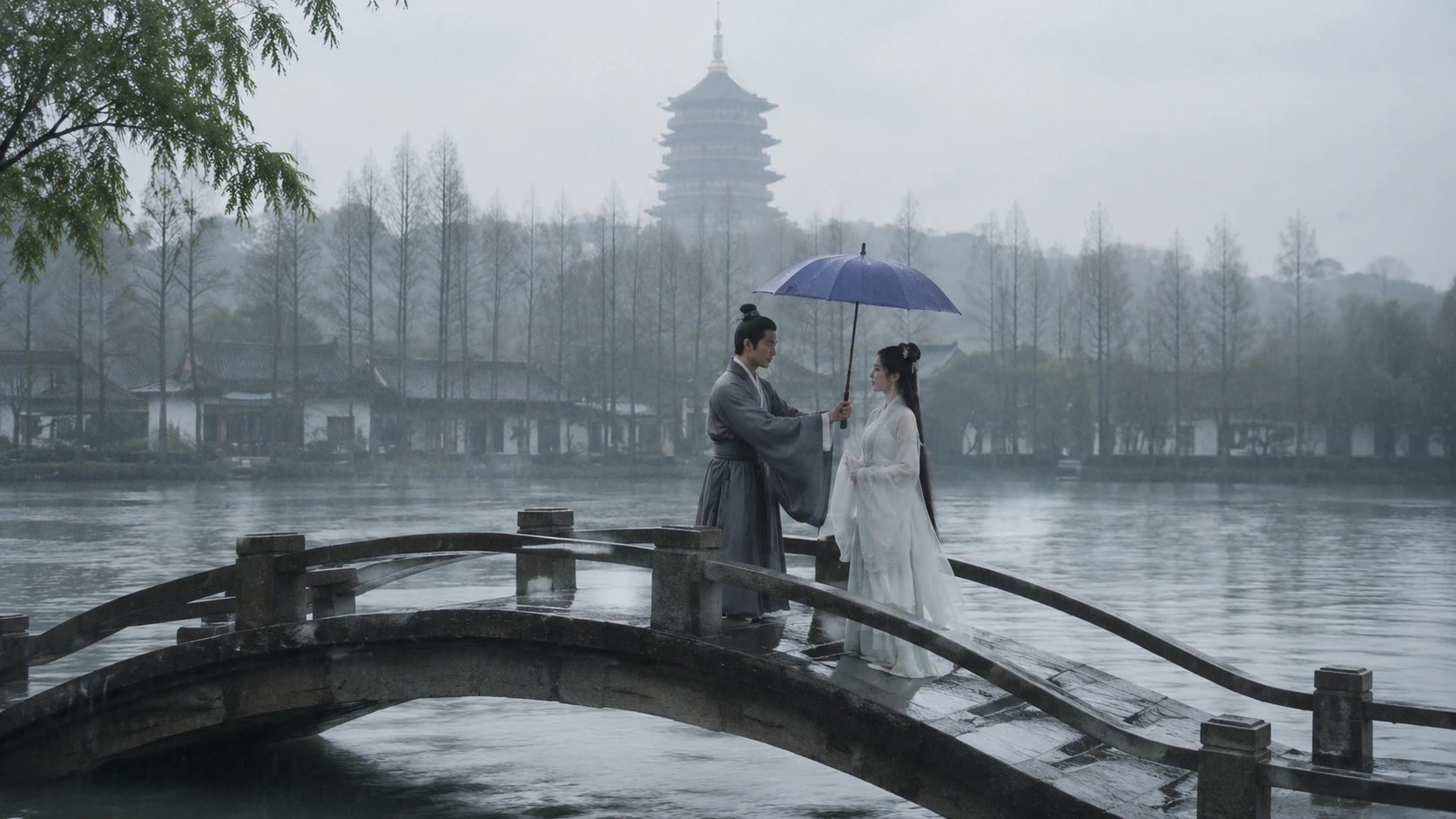 Leifeng Pagoda seen across Hangzhou's West Lake as visitors carry umbrellas along the lakeside