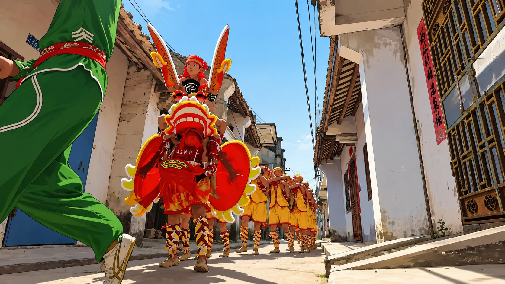 Dragon head formed by stacked performers