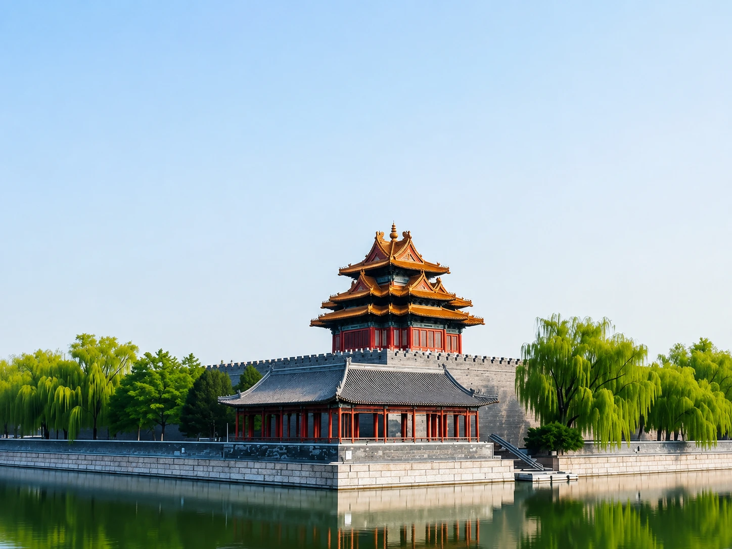A traditional Chinese garden with rockeries, pavilions, and manicured trees inside the palace grounds