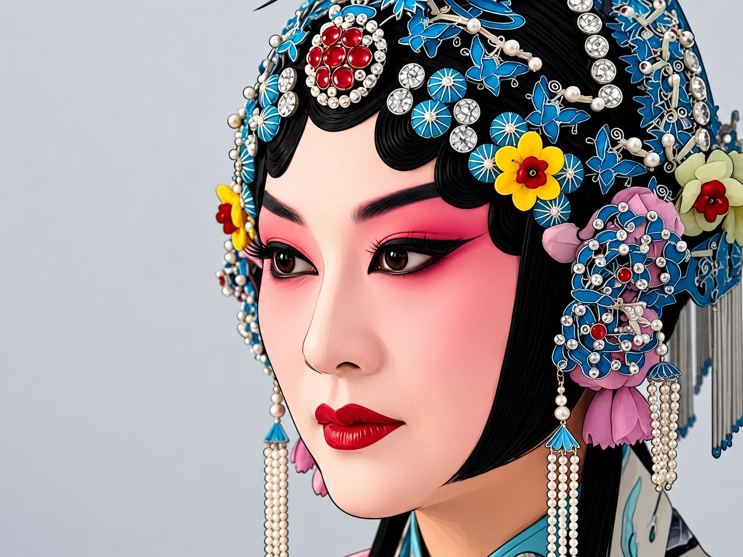 An elaborately costumed Peking opera performer with ornate headdress and embroidered robes
