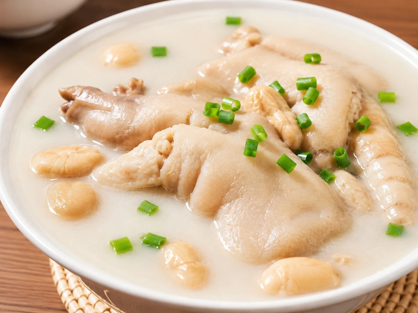 A milky white bowl of pork hock soup with tender meat and white beans