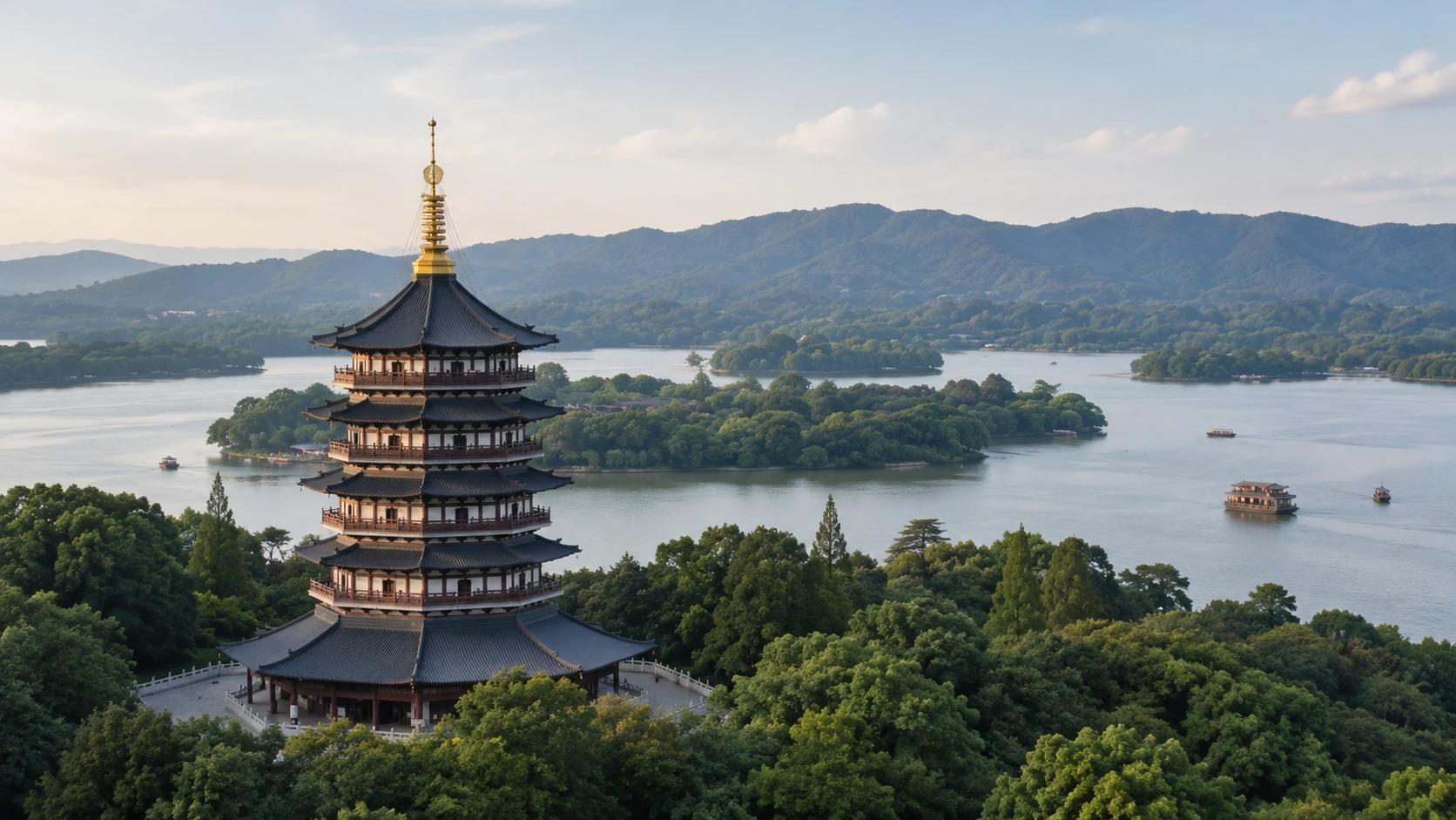 The Leifeng Pagoda stands beside West Lake against a dusk sky