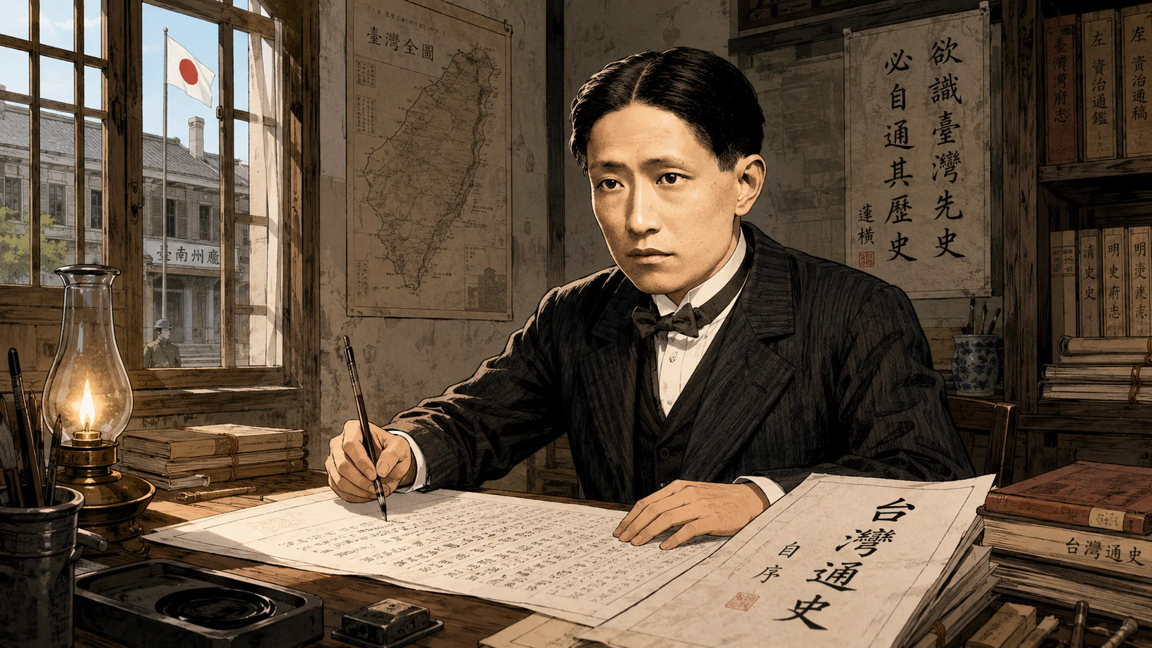 Lian Heng writing at a desk surrounded by documents