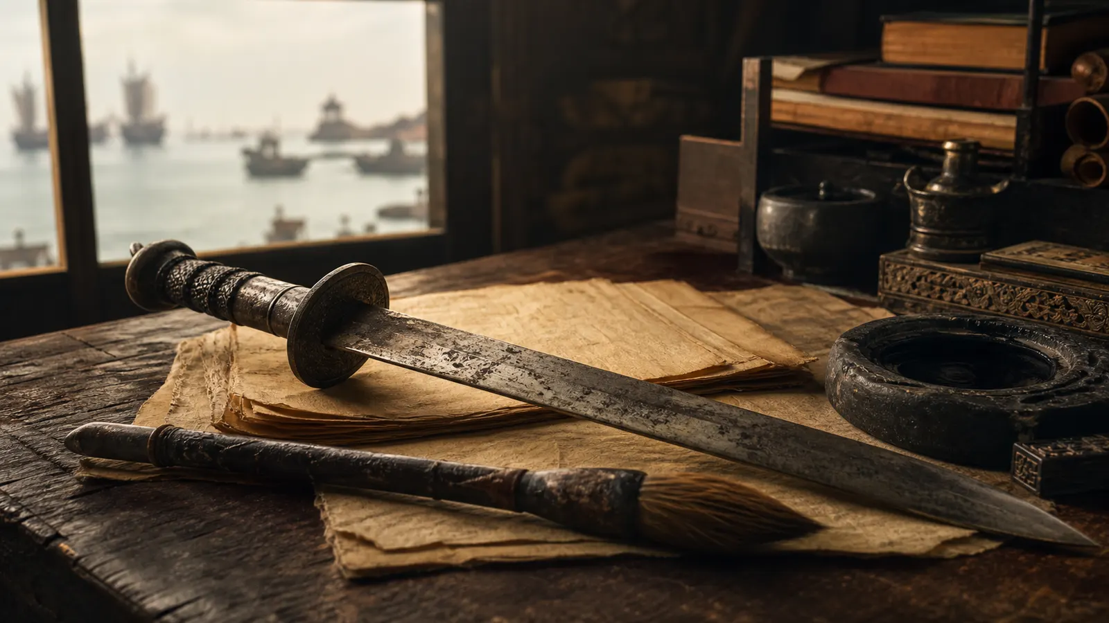 A worn calligraphy brush rests beside an antique Chinese sword on a wooden desk, with yellowed manuscript pages beneath