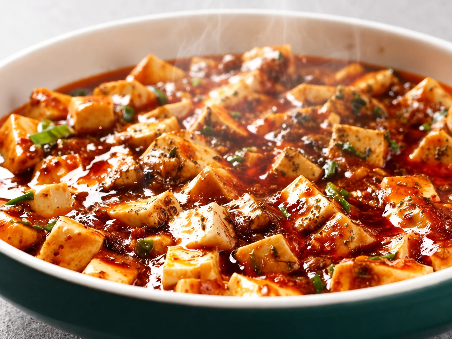 A wok of steaming mapo tofu topped with red chili oil and ground Sichuan peppercorns