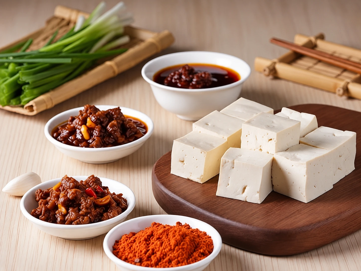 A plate of freshly cooked mapo tofu with cubes of soft bean curd, minced beef, and red chili oil