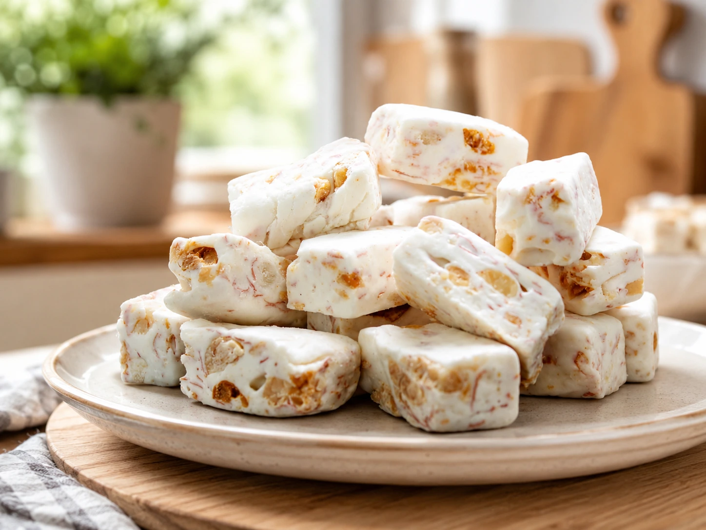 A plate of nougat candy squares with nuts