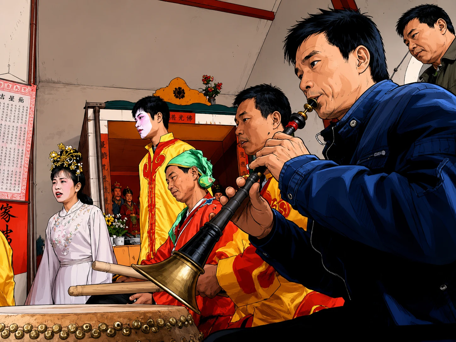 A band with suona horn and drums accompanying