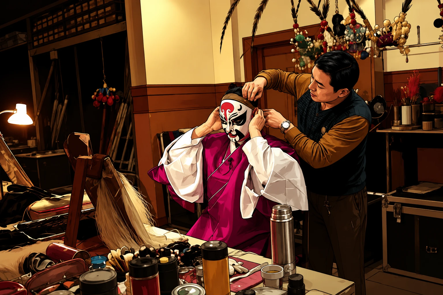 A Peking opera performer applying thick white base makeup and drawn eyebrows in a backstage mirror