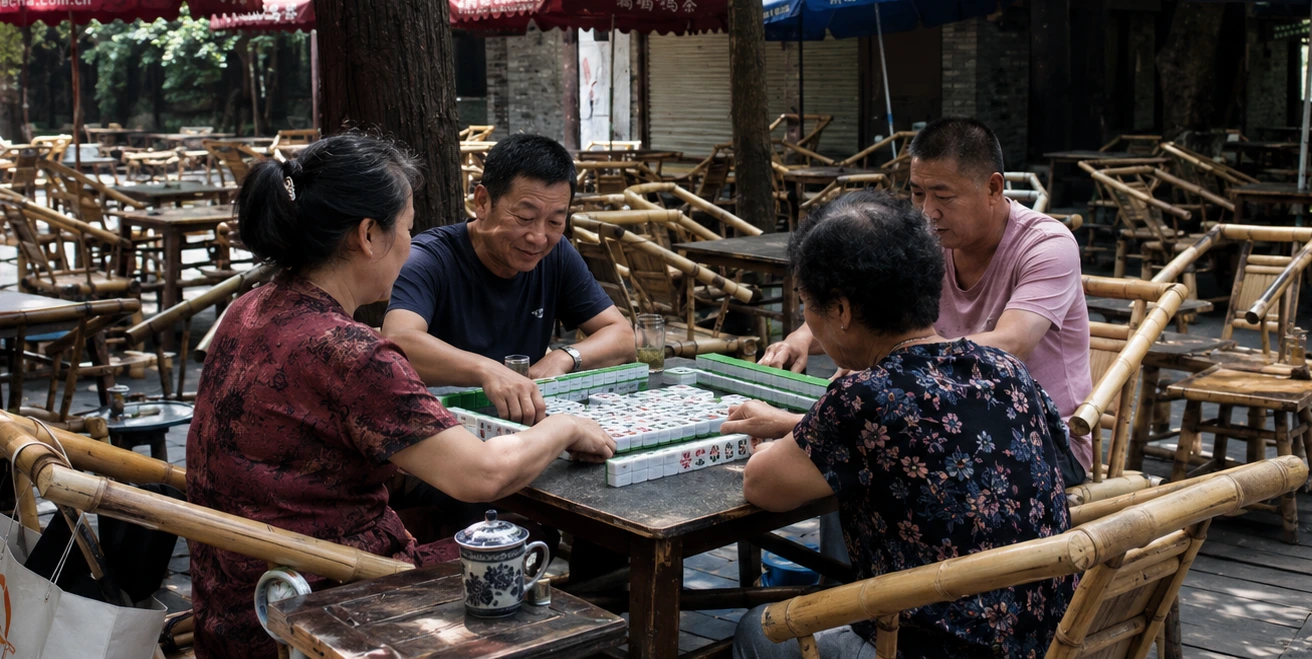Four people play mahjong at a wooden table under red umbrellas in a bamboo courtyard