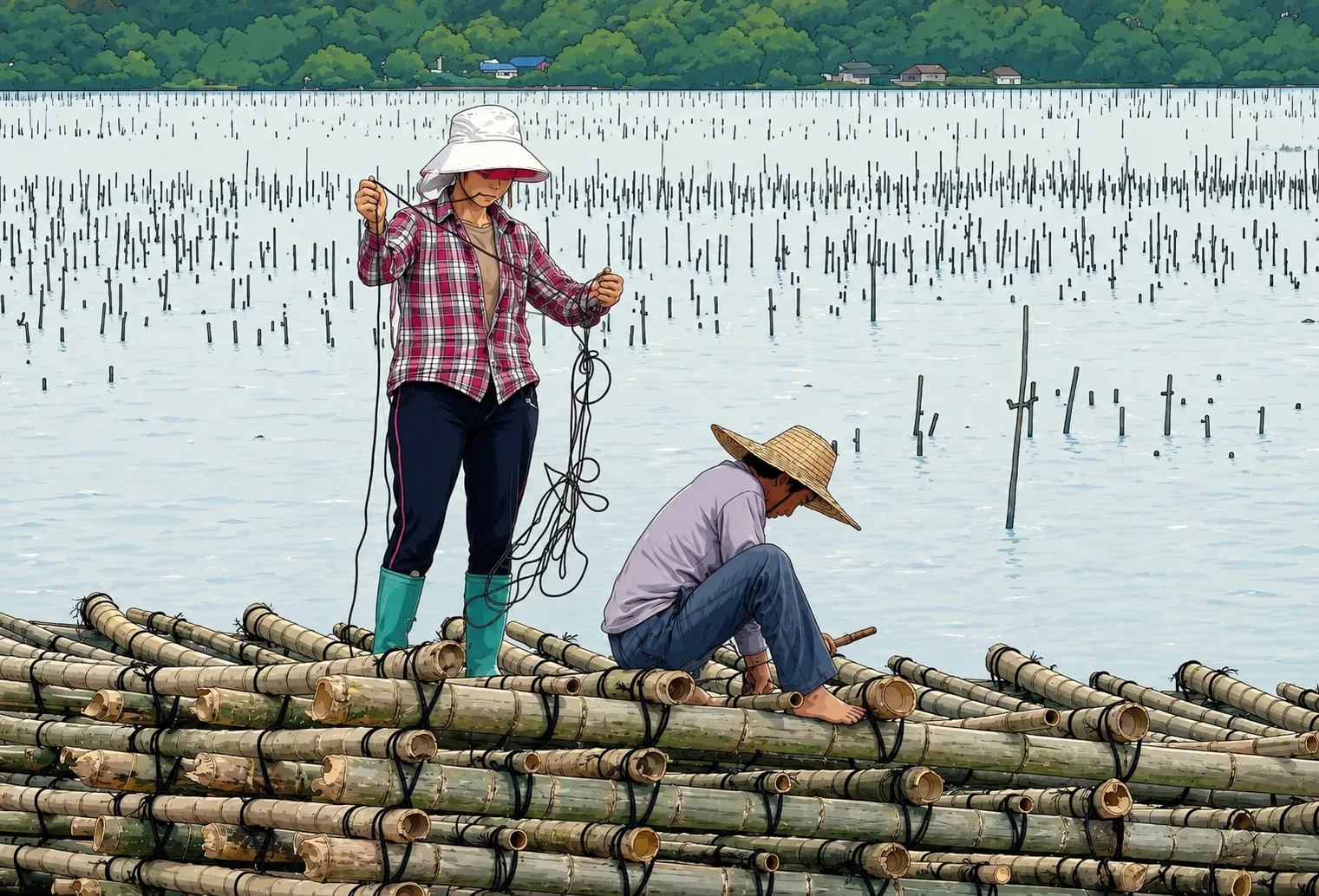 A farmer pulling oysters from a bamboo raft