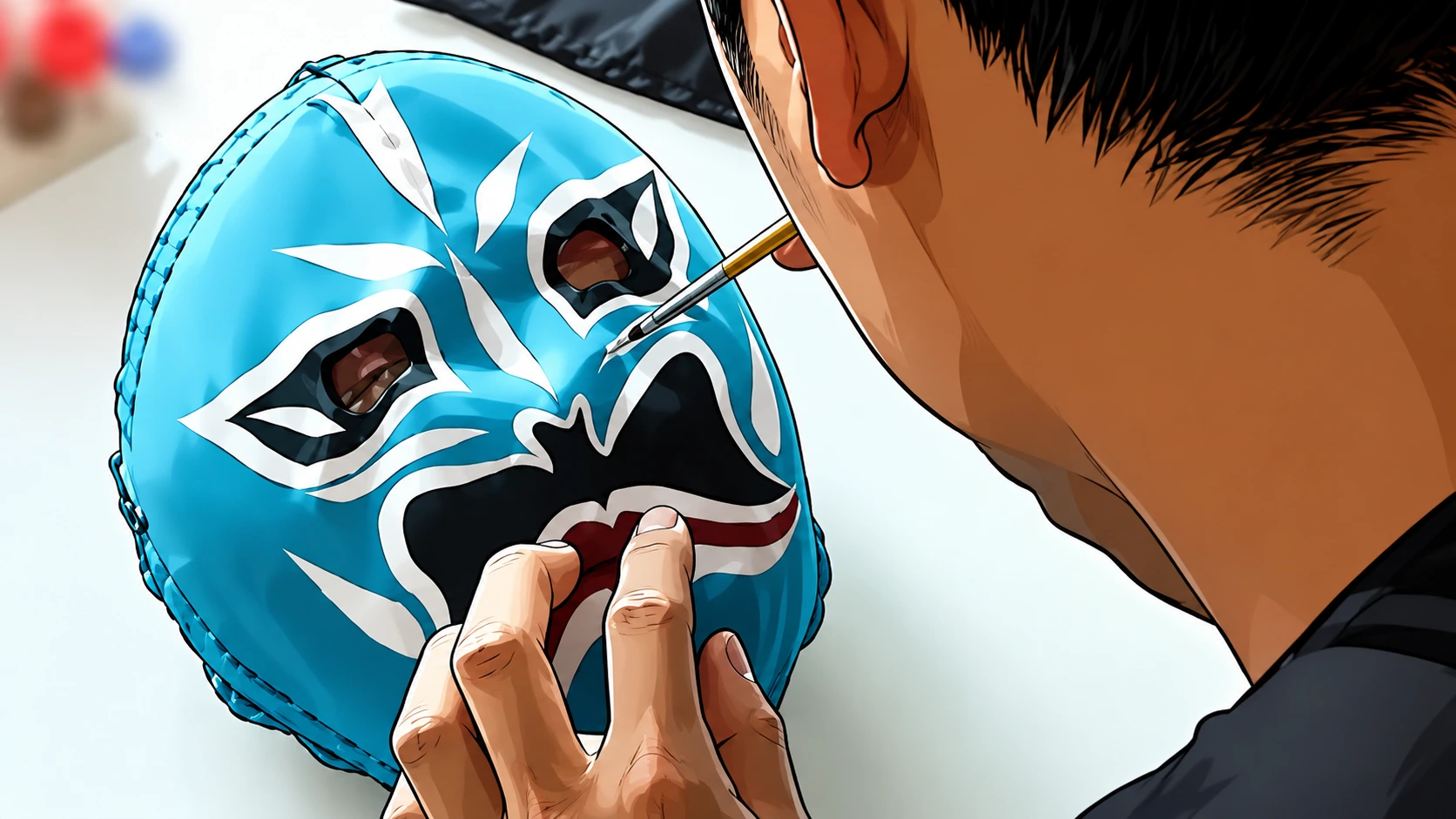 A craftsman hand-painting a colorful opera mask with bold patterns and fierce expression
